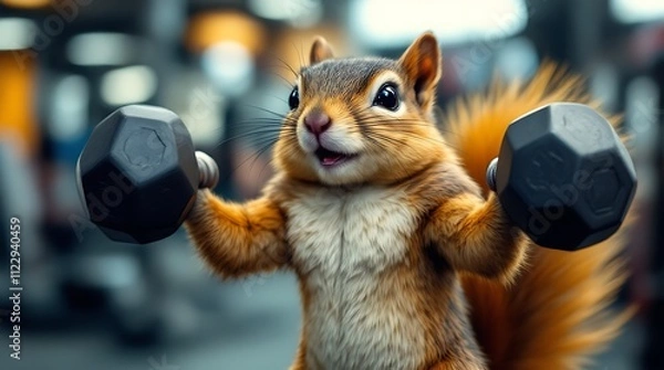 Obraz A cheerful squirrel is depicted sitting on a rowing machine, like a tiny athlete, Generative AI