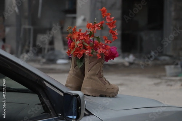 Obraz Beige military boots filled with red bougainvillea flowers on a car portraying peace, hope, resilience, martyrdom and the contrast between war and renewal through nature.