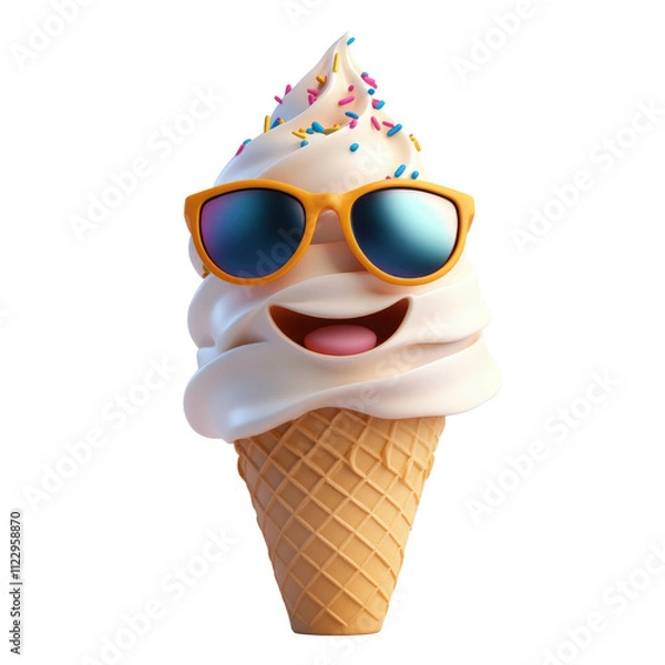 Obraz A cheerful ice cream cone with a smiling face, wearing stylish sunglasses and topped with colorful sprinkles.