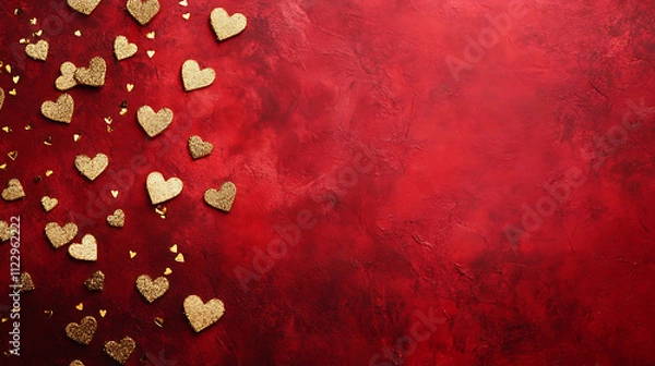Obraz Golden hearts on red textured background create romantic atmosphere
