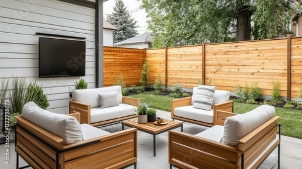 Obraz Modern outdoor patio area with comfortable seating, flat-screen TV, and wooden fence.