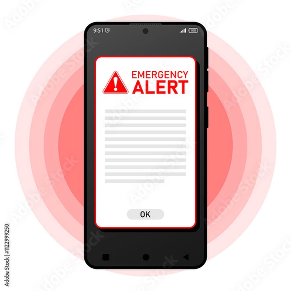 Obraz Receiving emergency alert on phone device with warning notification. Flat vector illustration