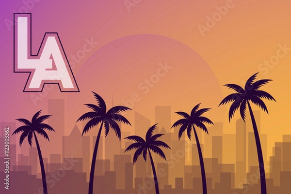 Obraz Postcard with landscape of American city of Los Angeles in California. Cityscape with skyscrapers, palm trees and sun. Tourism and vacation. Cartoon flat vector illustration