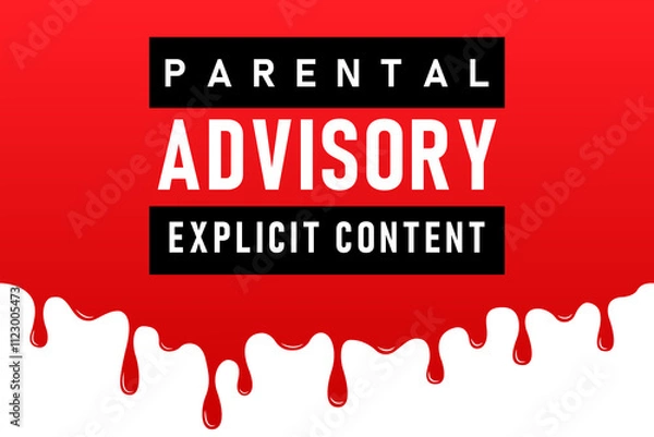 Obraz Sticker Label Tag Caution Warning Advisory Parental Explicit Content blood background Vector