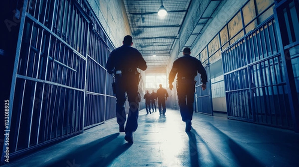 Fototapeta Prison Riot: Silhouetted figures of correctional officers in urgent pursuit down a prison corridor, a dramatic depiction of law enforcement in action.