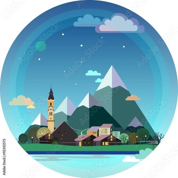 Fototapeta Alpine landscape illustration. European austrian town with Church, chalets, autumn trees, hills and snow mountains on starry sky, clouds and moon background. Flat design vector, circle shape.