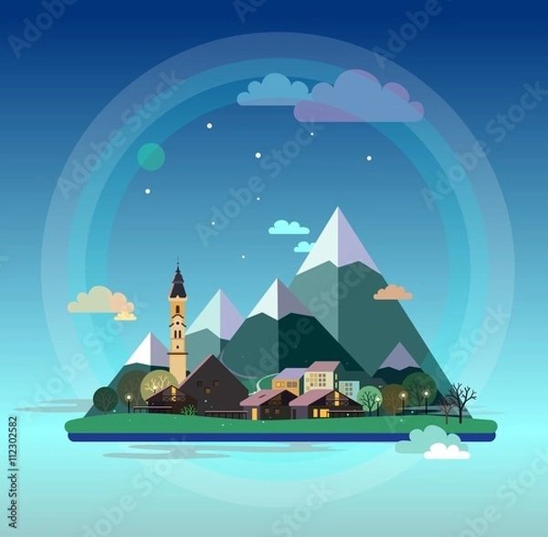Fototapeta Alpine landscape illustration. European austrian town with Church, chalets, autumn trees, hills and snow mountains on starry sky, clouds and moon background. Flat design vector, circle shape.
