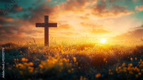 Obraz An Easter-themed image featuring a cross on a meadow at sunrise in autumn.