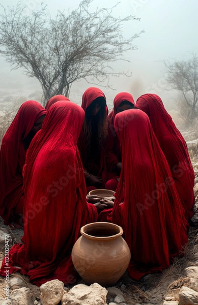 Fototapeta group of women dressed in red, cooking with clay pots in the forest