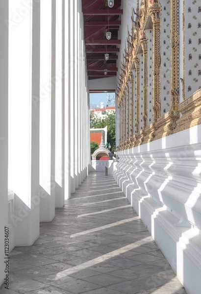 Obraz A minimalist-style image of a traditional Thai temple, showcasing clean architectural lines and a simple yet elegant design.