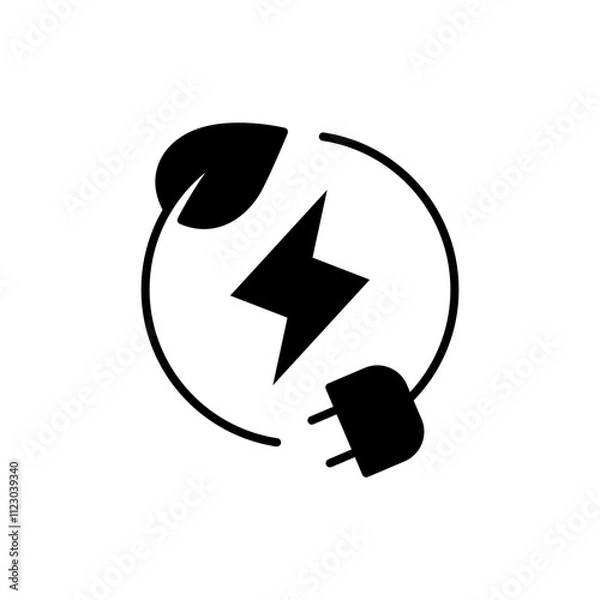 Obraz Green eco energy icon. Simple solid style. Clean power, transition, lightning in circle with plant leaf and plug, renewable concept. Black silhouette, glyph symbol. Vector illustration isolated.