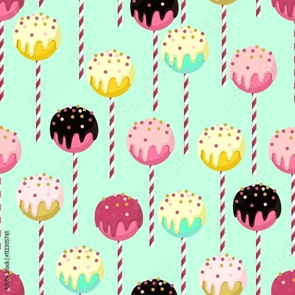 Fototapeta Candy vector seamless pattern with different colors chocolate cake-pops on stripped sticks. Pink, mint blue, gold, white, black and yellow colors.