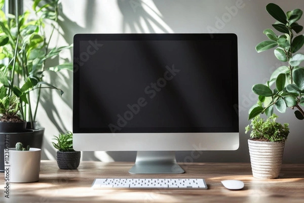 Obraz Stylish workplace with computer. Front view of computer screen. Mockup design. Generated AI
