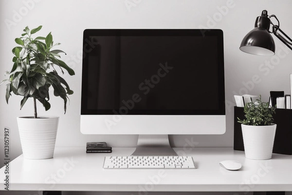 Fototapeta Stylish workplace with computer. Front view of computer screen. Mockup design. Generated AI