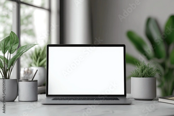 Fototapeta Stylish workplace with laptop. Front view of laptop screen. Mockup design. Generated AI