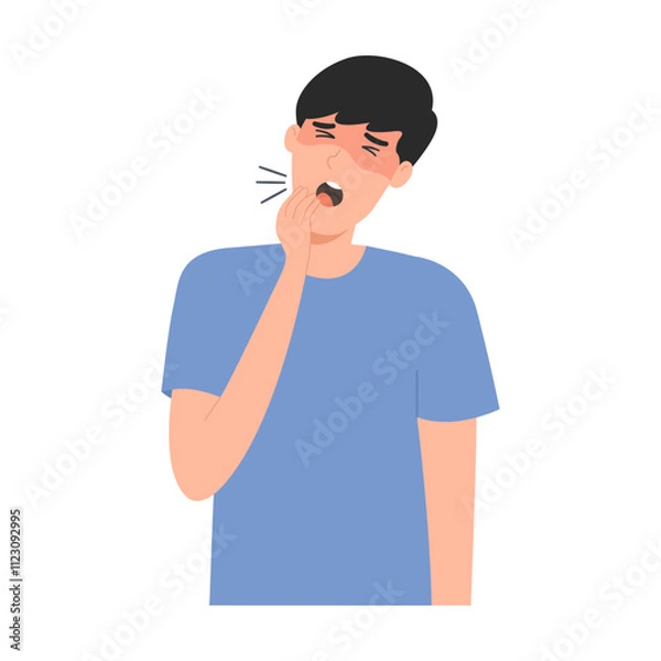 Fototapeta Sick man with asthma, dry cough. Child sneeze spreads virus. Male unwell with fever, flu, allergies, infection. Vector illustration isolated on white background