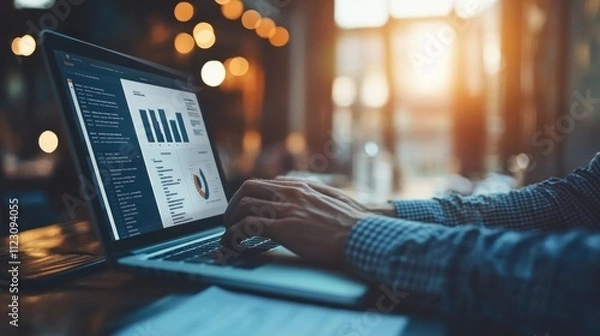 Obraz Small business owner working at desk with laptop and sales report document