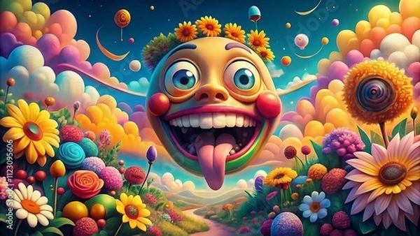 Fototapeta Surreal Cartoon Face with Big Smile and Tongue in a Colorful Fantasy Landscape, Emphasizing Whimsy and Joyful Expression, Perfect for Fun and Playful Imagery