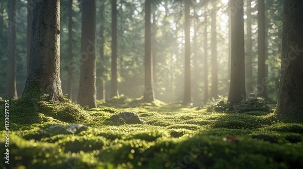 Fototapeta A serene forest scene with sunlight filtering through trees, illuminating a moss-covered ground.