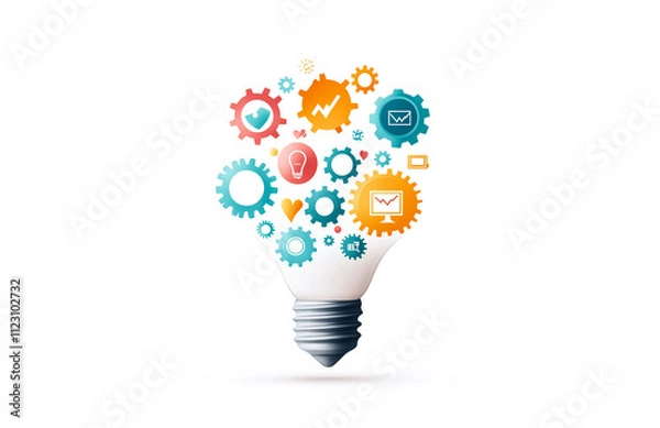 Fototapeta Creative light bulb filled with colorful gears and icons representing ideas, innovation, and technology. This artistic representation symbolizes creativity and problem solving