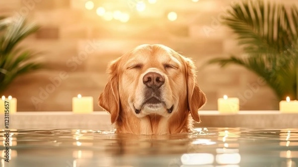 Obraz A serene golden retriever relaxes in a tranquil bath surrounded by candles and soft lighting.