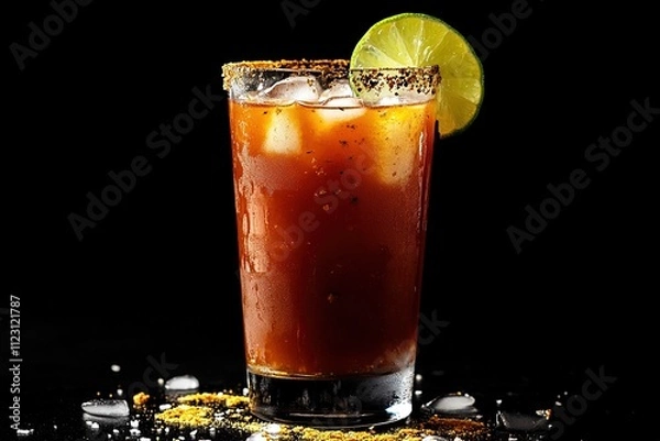 Fototapeta Photograph of a red michelada with lime, on a black background, high-resolution photography
