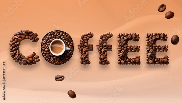 Obraz coffee beans background, 3d coffee beans on pastel background, with cup of coffee