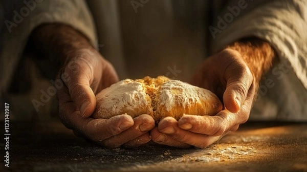 Fototapeta Hands gently holding bread in warm light, symbolizing faith and provision