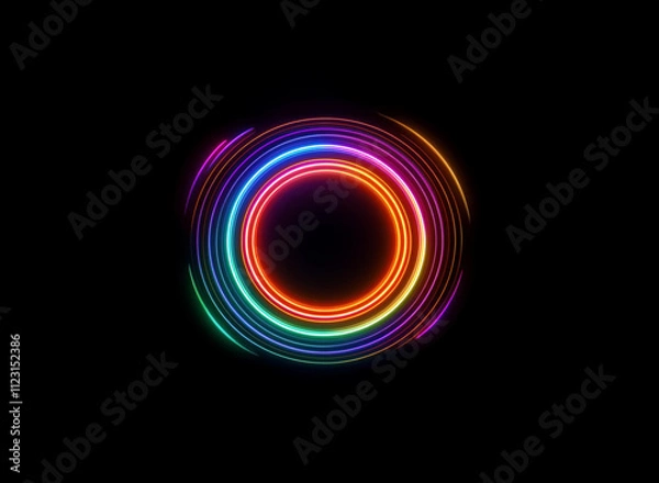 Fototapeta Vibrant, concentric neon rings glow in the dark, creating a mesmerizing circular light display.  The multicolored circles radiate energy and form a hypnotic pattern.