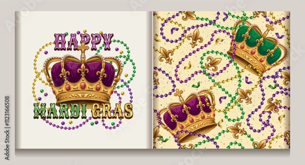 Fototapeta Seamless Mardi Gras pattern, label with imperial crown, randomly scattered Fleur de Lis sign, confetti, interlaced strings of beads, text. White background. Vintage style.