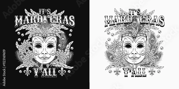 Fototapeta Mardi Gras monochrome label. Emblem with carnival venetian face mask with bundle of feathers, scattered beads, text. Vintage holiday composition.