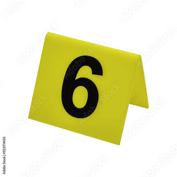 Obraz Crime scene investigation. Set of evidence identification markers on white background. Crime scene investigation. Yellow marker number 6 for identification of evidence on white background.