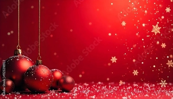 Fototapeta Christmas greeting with red background, festive ornaments, and snowflake decorations for celebrations.