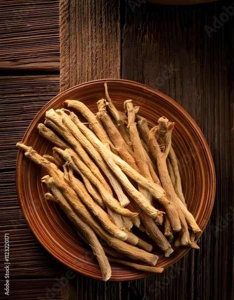Fototapeta Fresh ashwagandha roots on a rustic wooden table