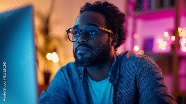 Obraz A thoughtful programmer working late in a warm, ambient-lit room with multiple screens displaying vibrant digital content. The reflection of data on the glasses adds a futuristic and tech-driven vibe.