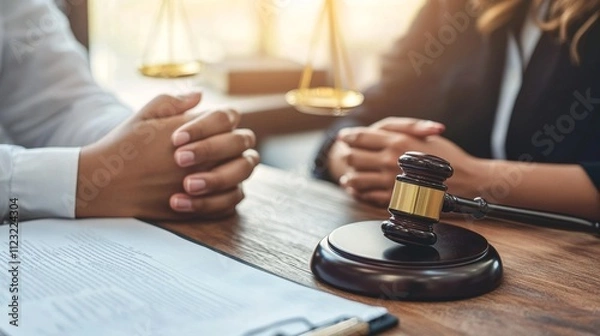 Fototapeta end-of-life law, Latina attorney guiding a client through end-of-life regulations, warm and supportive environment