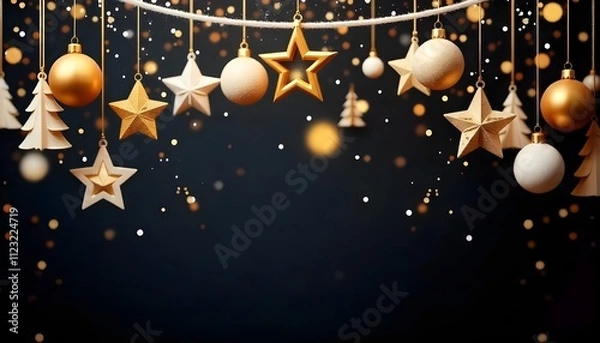 Fototapeta Festive hanging ornaments with golden and white stars, trees, and shimmering decorations.