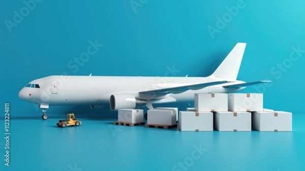Fototapeta White airplane model placed with white cargo boxes on a bright blue background. The image visually represents air cargo transportation, logistics, and global shipping and import export