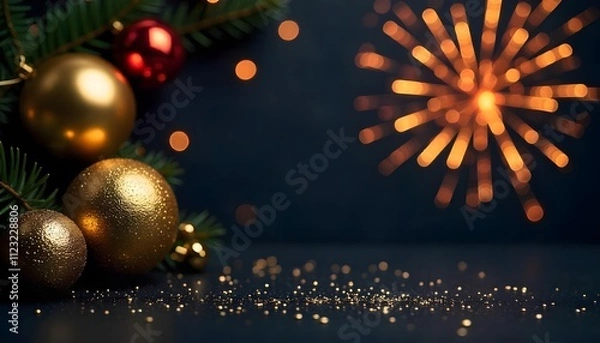 Fototapeta Golden Christmas ornaments and fireworks sparkle on a dark background, creating a festive atmosphere.
