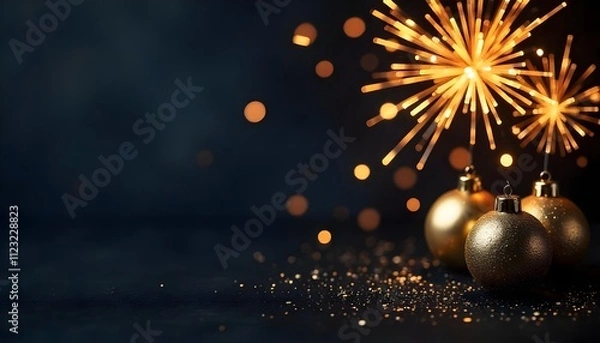 Fototapeta Golden Christmas ornaments and fireworks sparkle on a dark background, creating a festive atmosphere.