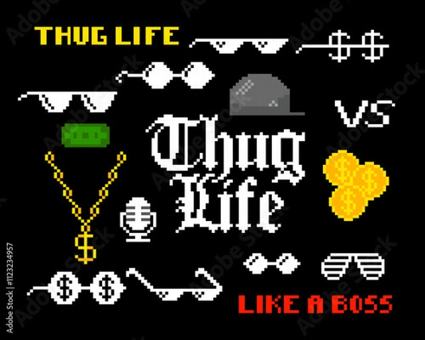 Obraz Set of pixelated gangster attributes of street rappers. Boss pixel attributes, sunglasses, hip hop baseball cap, money, gold chain.
