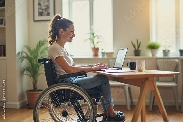 Fototapeta Smiling Woman in a Wheelchair Working on a Laptop at Home