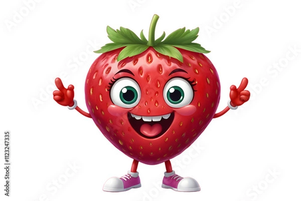 Fototapeta A cartoon strawberry character stands with arms wide open, featuring large round eyes, sharp teeth, and a wide smile. It has a green leaf and purple flower on top, set against a pink background.