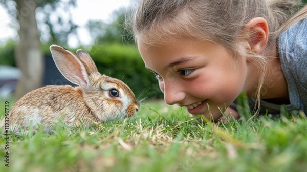 Fototapeta Caucasian happy girl playing together with rabbit pet on grass outside