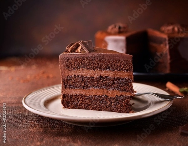 Fototapeta A slice of rich chocolate mud cake.