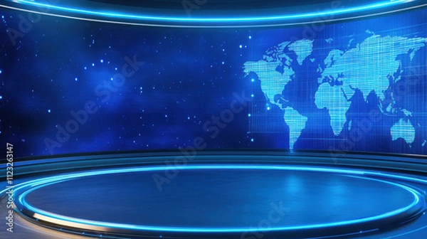 Fototapeta futuristic breaking news studio featuring circular stage and world map backdrop, illuminated with blue lights, creating modern atmosphere