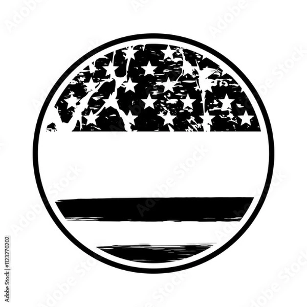 Obraz Blank empty badge with copy space for text on American flag, black grunge circle stamp, vintage USA flag sign, vector illustration.