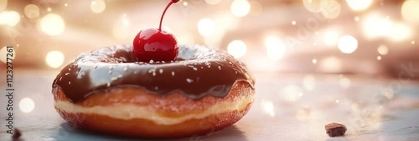 Fototapeta A delicious chocolate donut topped with a cherry, set against a dreamy, sparkling background.