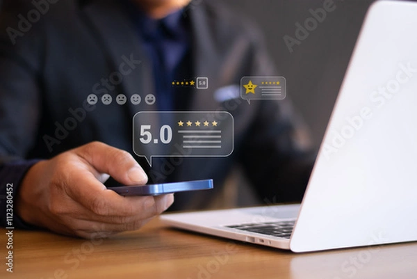 Fototapeta Online customer satisfaction survey. Customer rating service based on application experience. Consumers provide five-star rating and quality feedback checks. ranking