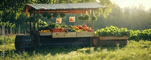 Obraz Rustic roadside farm stand brimming with fresh produce in sunlight
